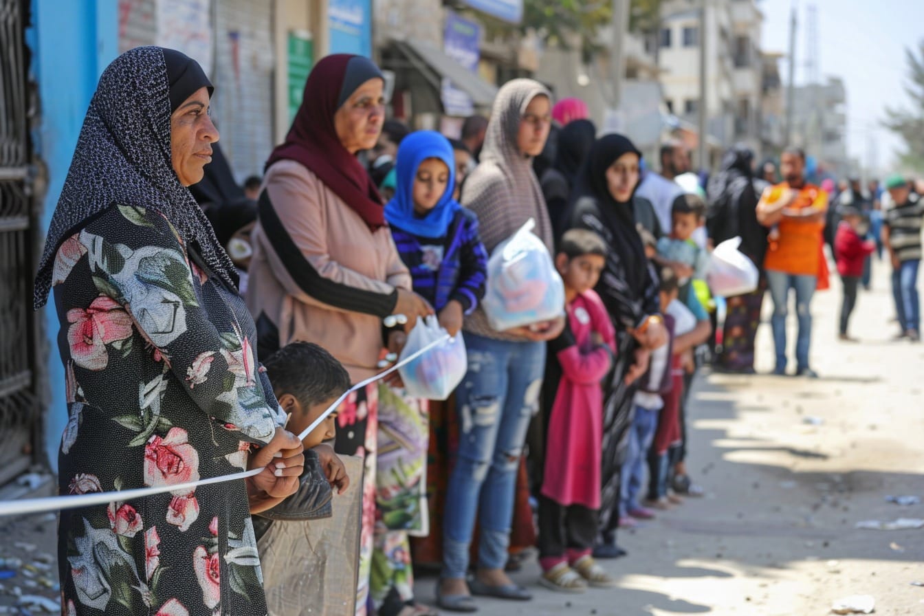Illustration. File d'attente pour de la nourriture à gaza.