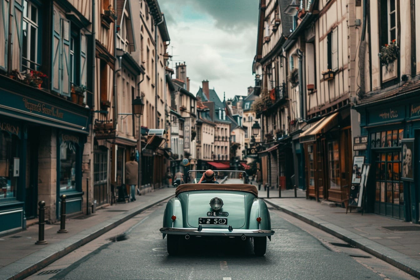 Illustration. Un véhicule ancien dans une rue de Rouen.