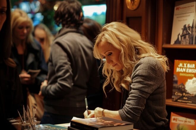 Illustration. l'autrice J.K Rowling signant des livres.