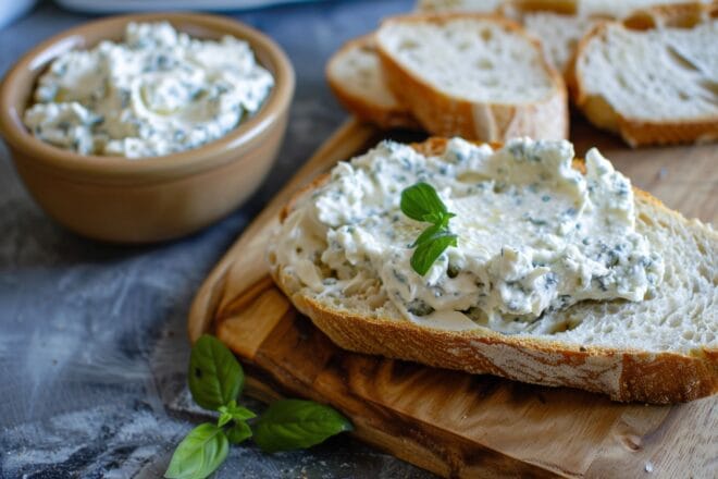 Illustration. Gorgonzola crémeux et mascarpone tartinés sur du pain frais.
