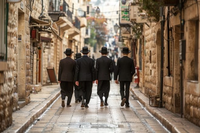 Illustration. Des étudiants juifs ultraorthodoxes dans une rue de Jerusalem.