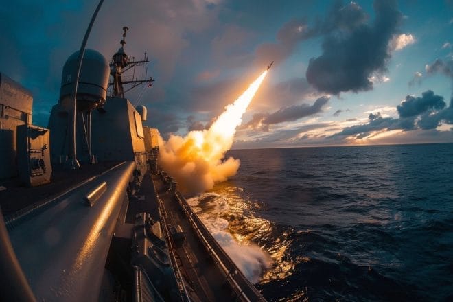 Illustration. Vue depuis un navire militaire témoin de l'impact d'un missile hypersonique en mer