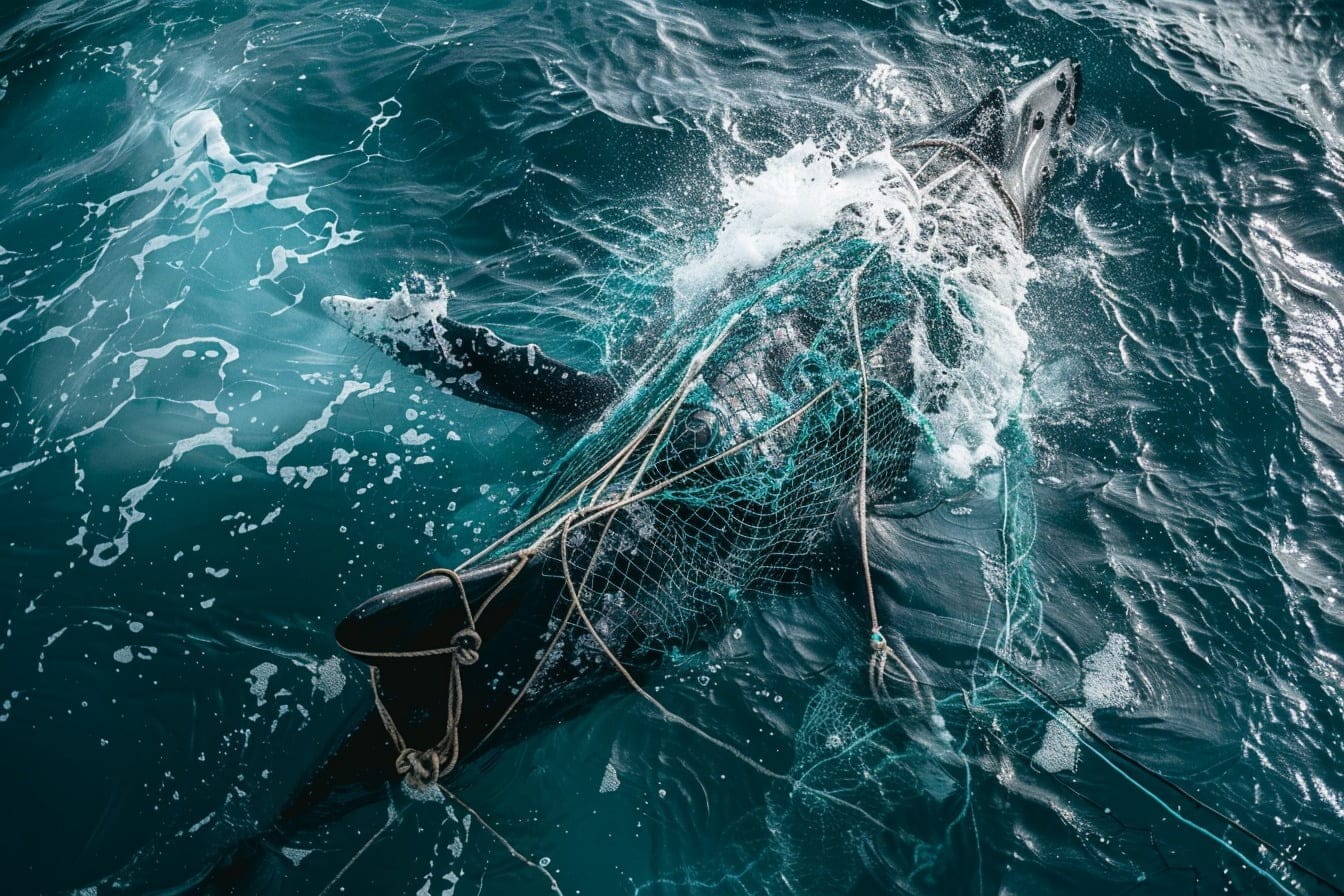 Illustration. Vue aérienne d'une baleine empêtrée dans un grand filet de pêche.