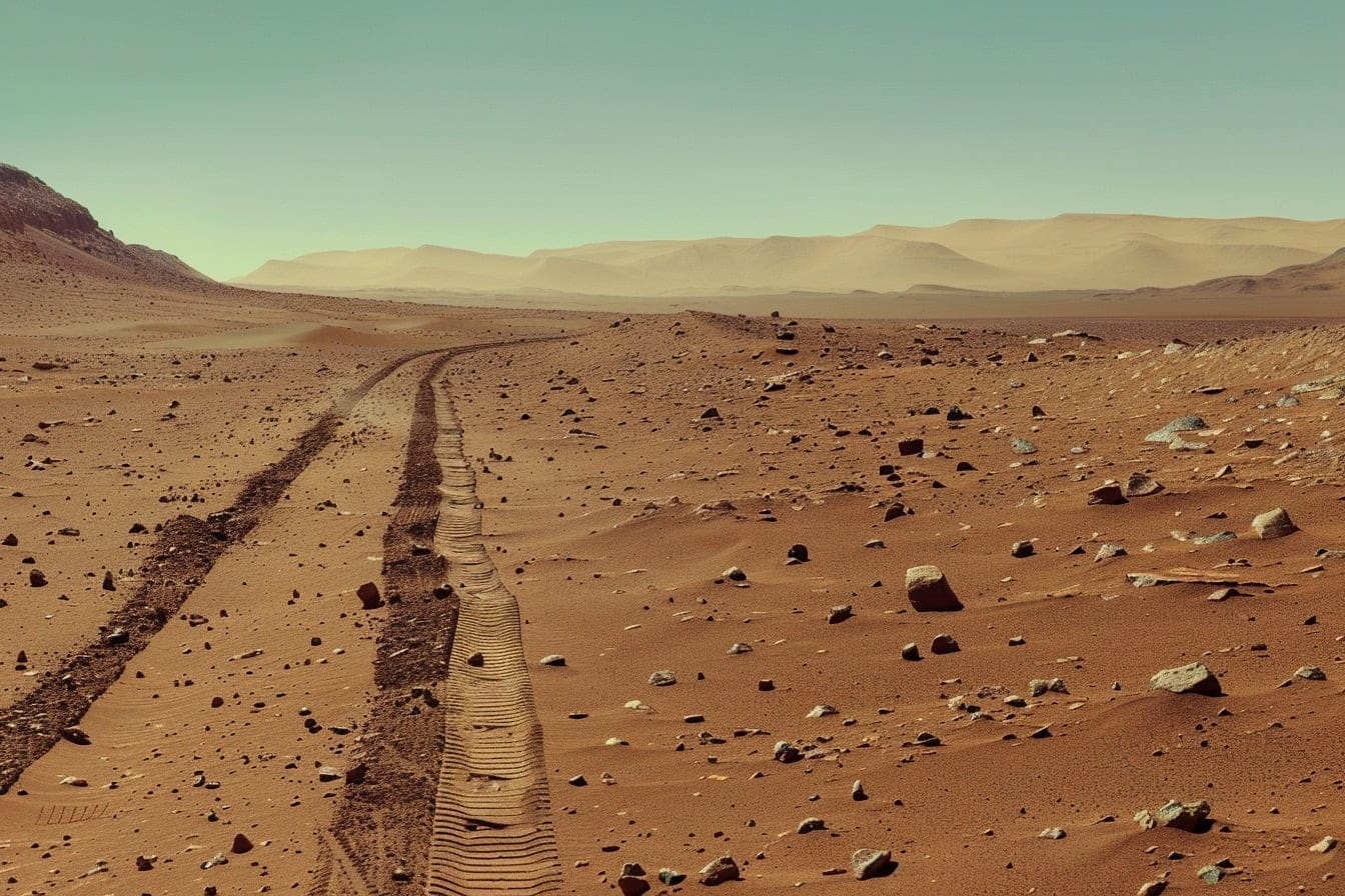 Illustration. Les traces d'un rover sur le sol martien.
