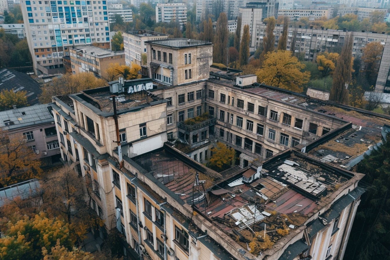 Illustration. Un bâtiment en ruines en Ukraine.