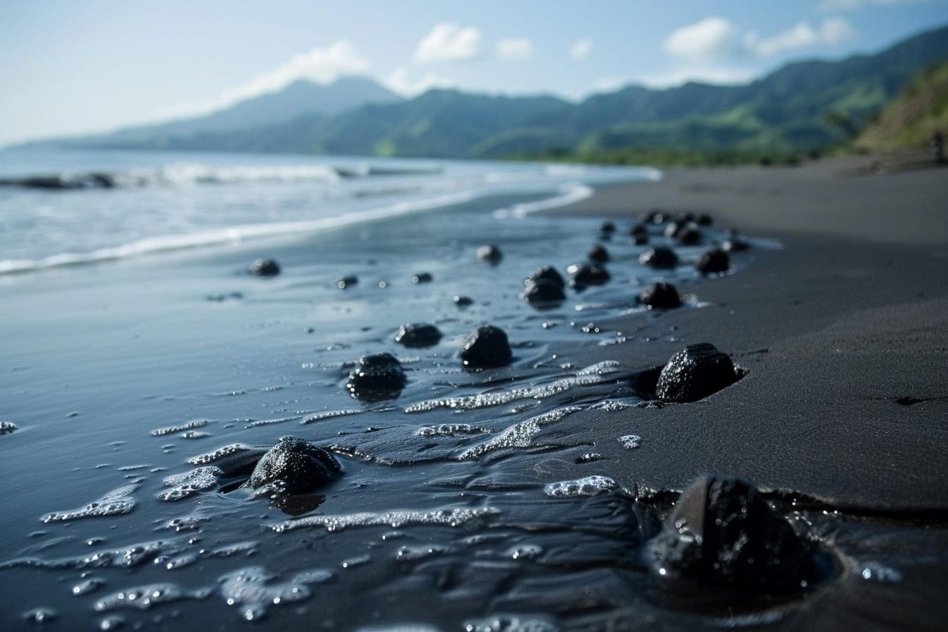 Illustration. Des boulettes de pétrole sur une plage, signes d'une marée noire.