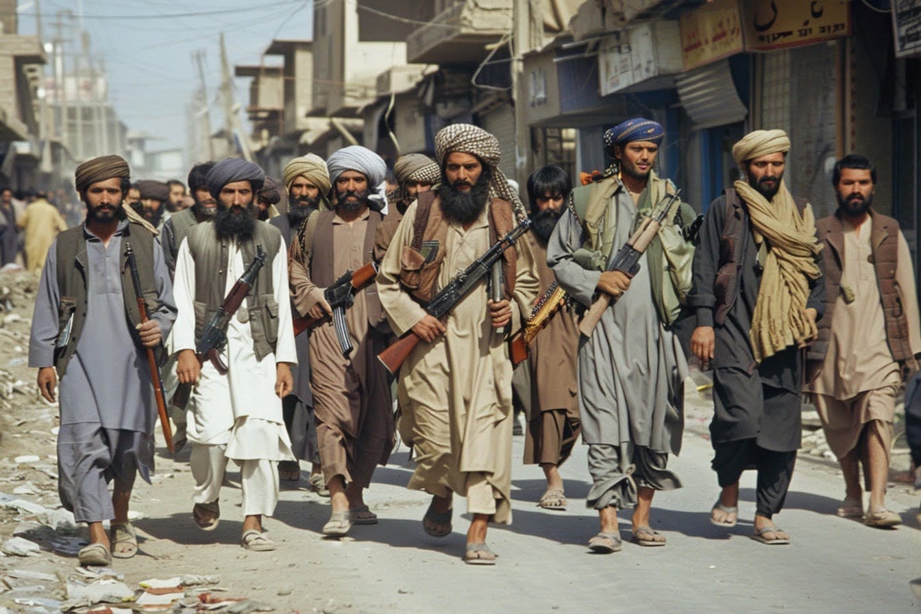 Illustration. Un groupe armé dans une rue afghane.