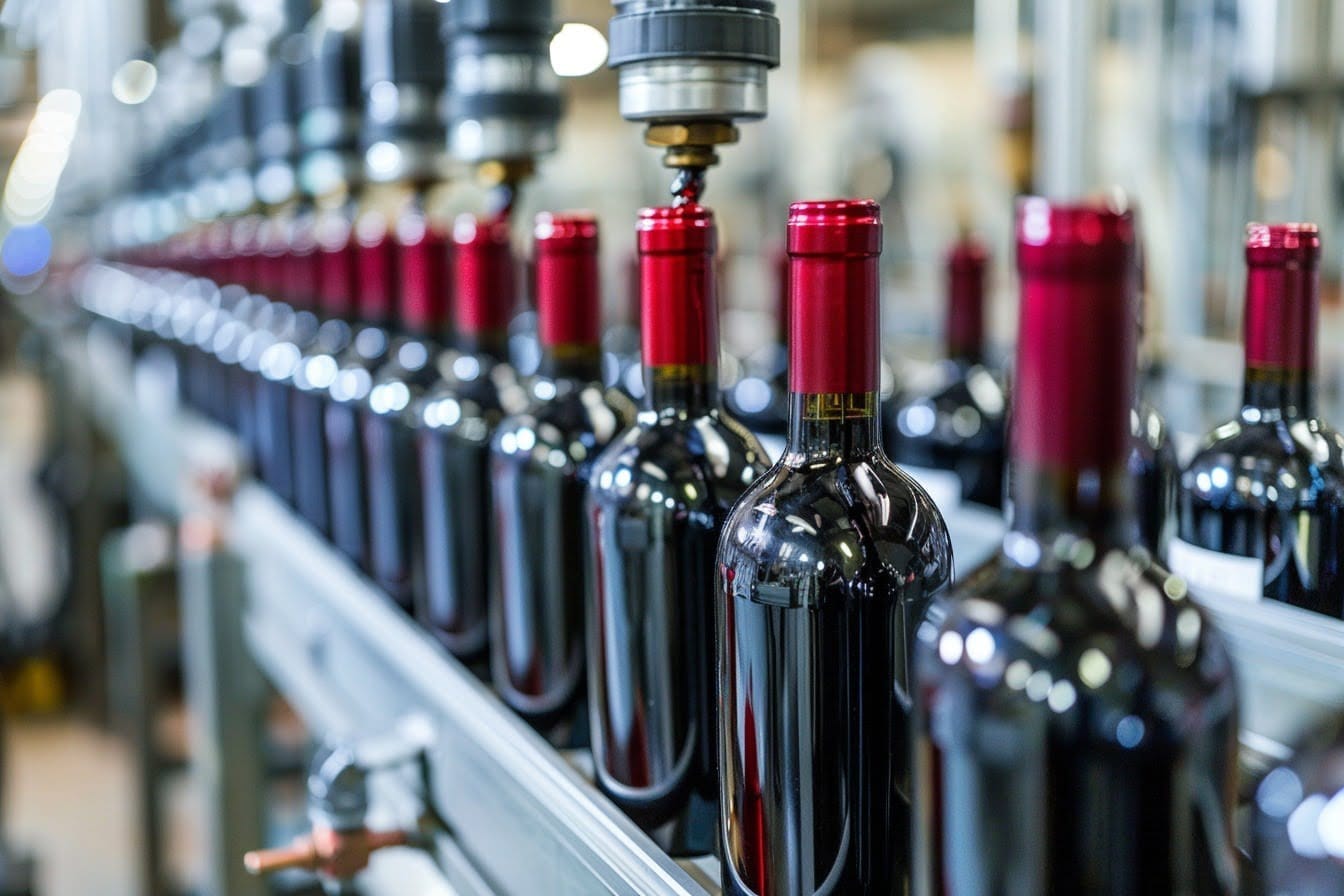 Illustration. Mise en bouteilles du vin rouge.