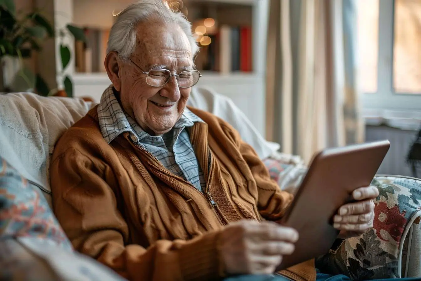 Un senior l'air joyeux en regardant sa tablette
