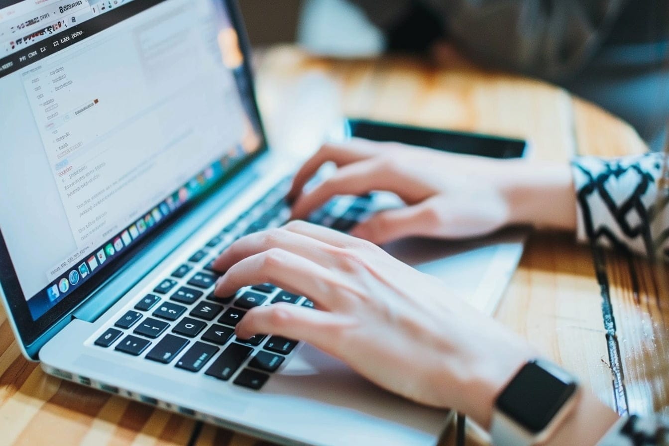 Image d'illustration. Mains saisissant du texte sur un clavier d'ordinateur portable