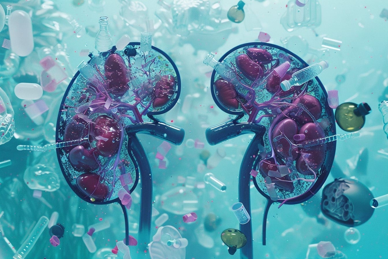 Image d'illustration. Représentation artistique de reins humains entourés de particules de plastique flottantes, symbolisant des impacts potentiels sur la santé.