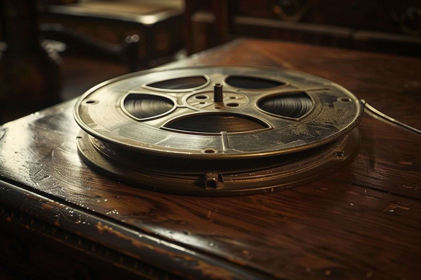 Image d'illustration. Gros plan d une bobine de film vintage sur une table en bois