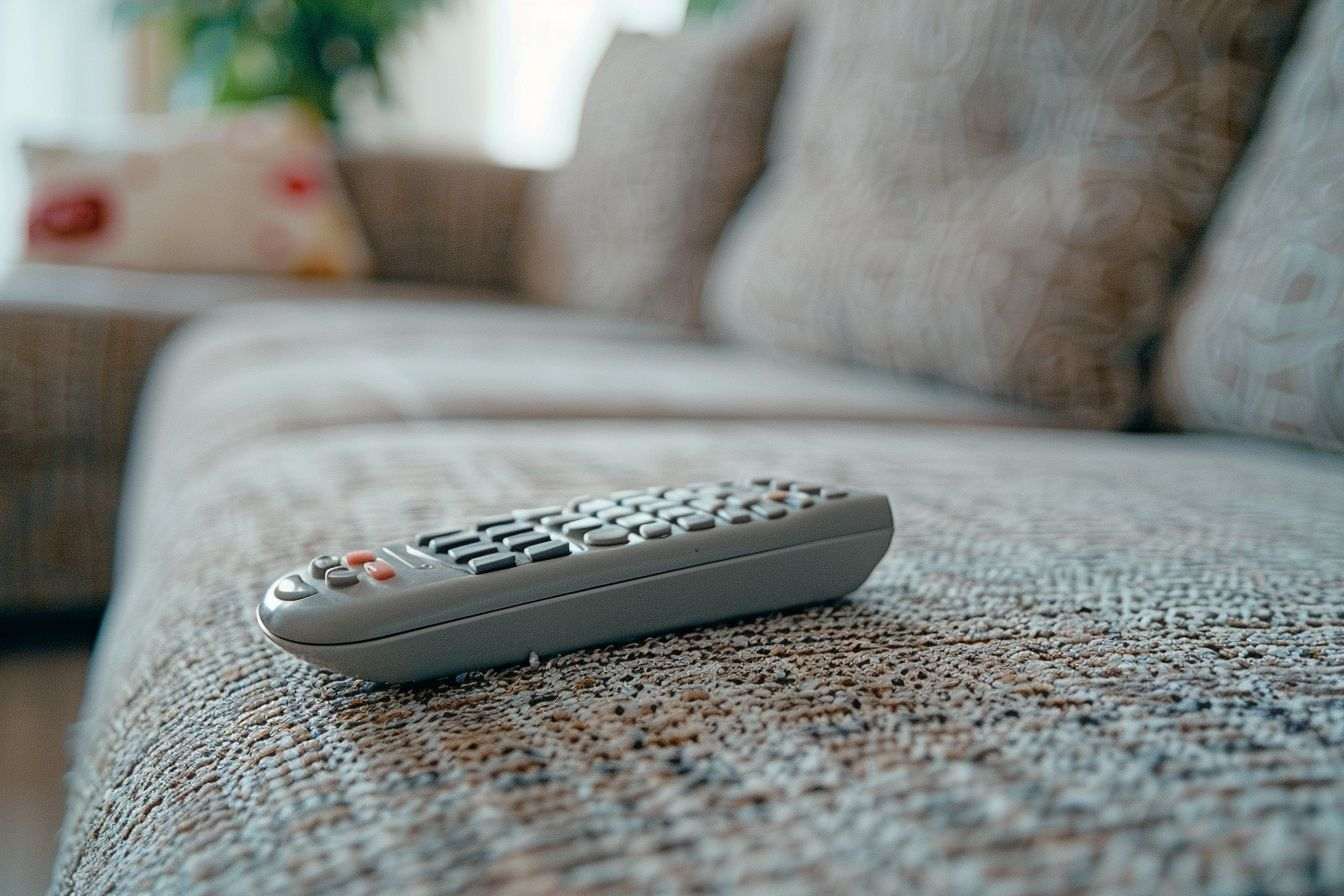Image d'illustration. Gros plan d une télécommande sur un canapé vide