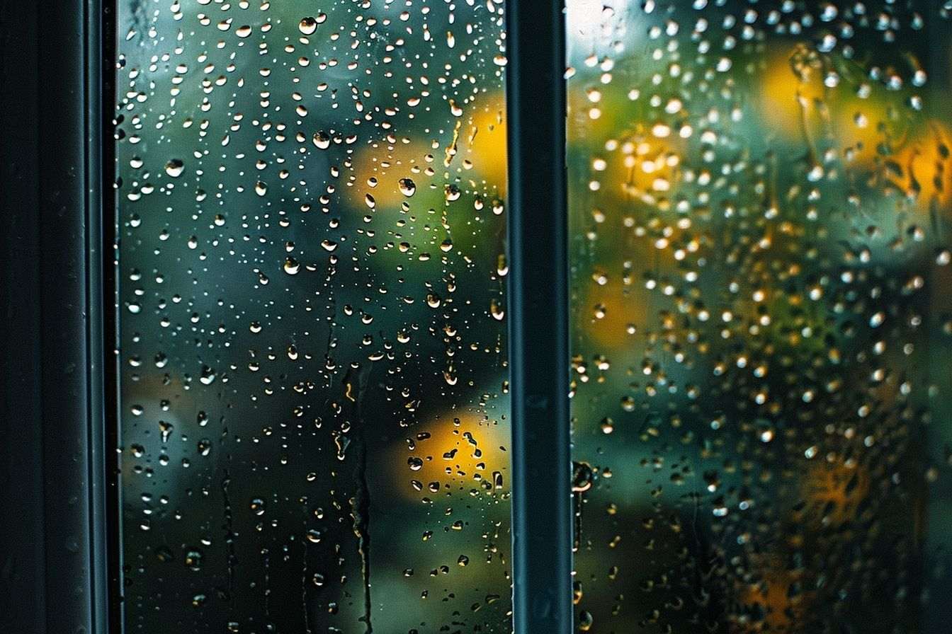 Vue paisible avec gouttes de pluie sur la fenêtre