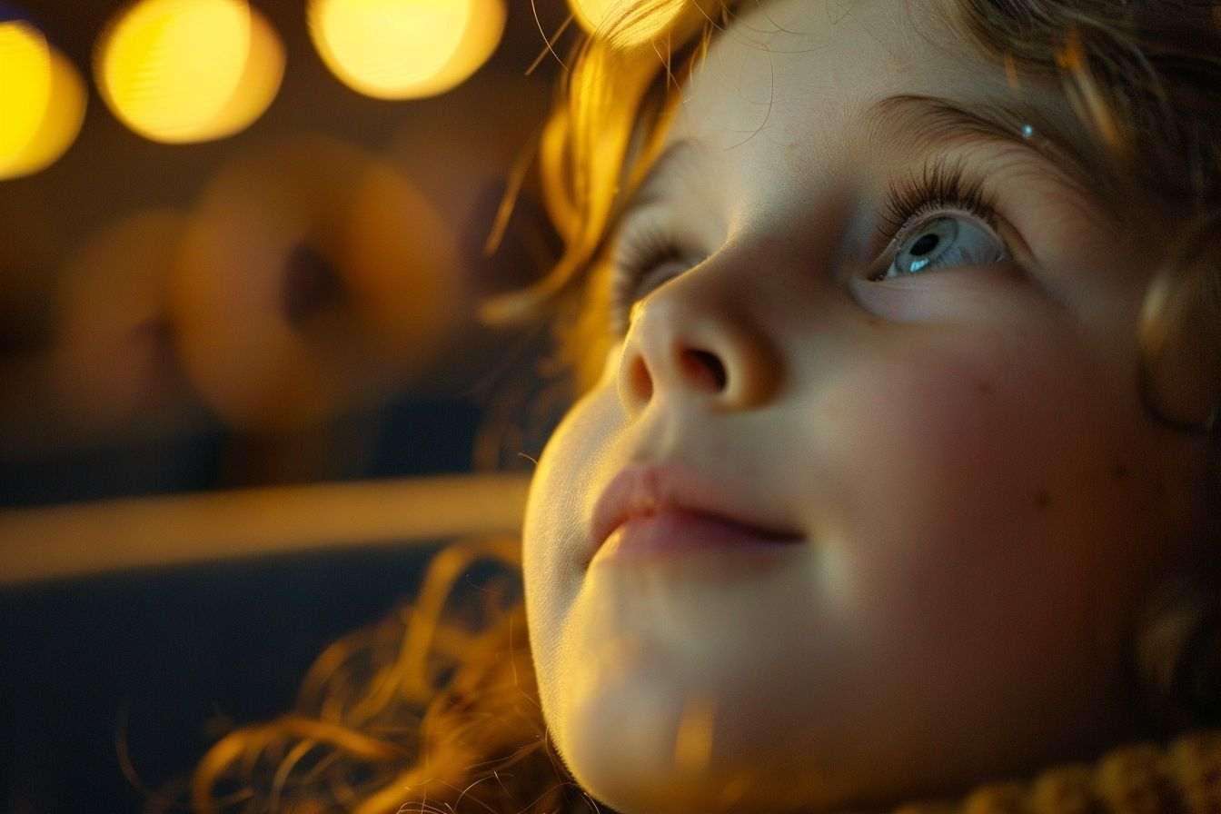 Image d'illustration. Gros plan du visage d'un enfant émerveillé par l'écran de cinéma