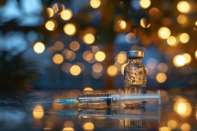 Image d'illustration. Gros plan d un sérum vaccinal dans un flacon en verre avec une seringue