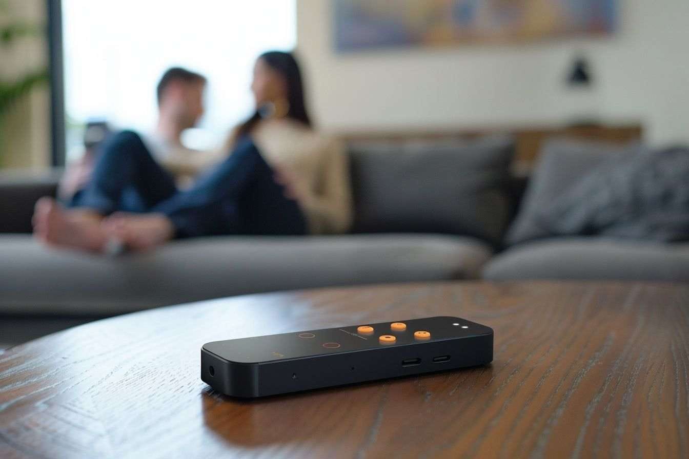 Image d'illustration. Gros plan d une télécommande sur une table basse