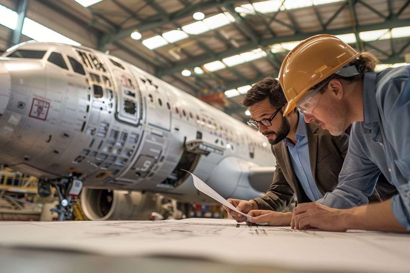Image d'illustration. Ingénieurs examinant des plans près d'un fuselage d'avion
