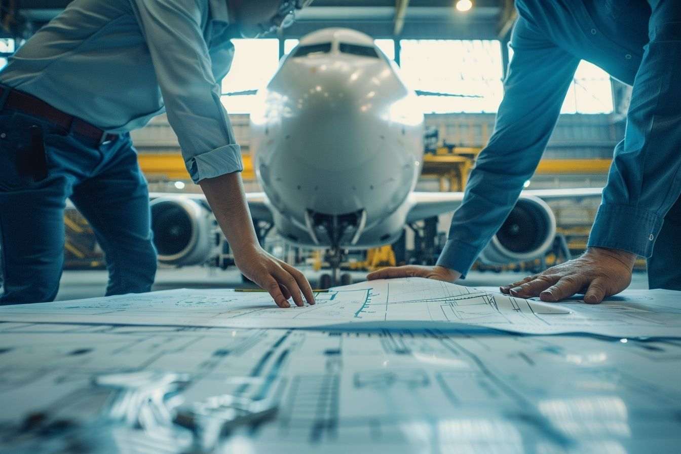 Image d'illustration. Ingénieurs examinant des plans près d'un fuselage d'avion