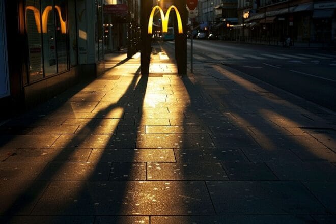 Jeu d ombres de l enseigne mcdonald s sur le trottoir français en plein soleil.