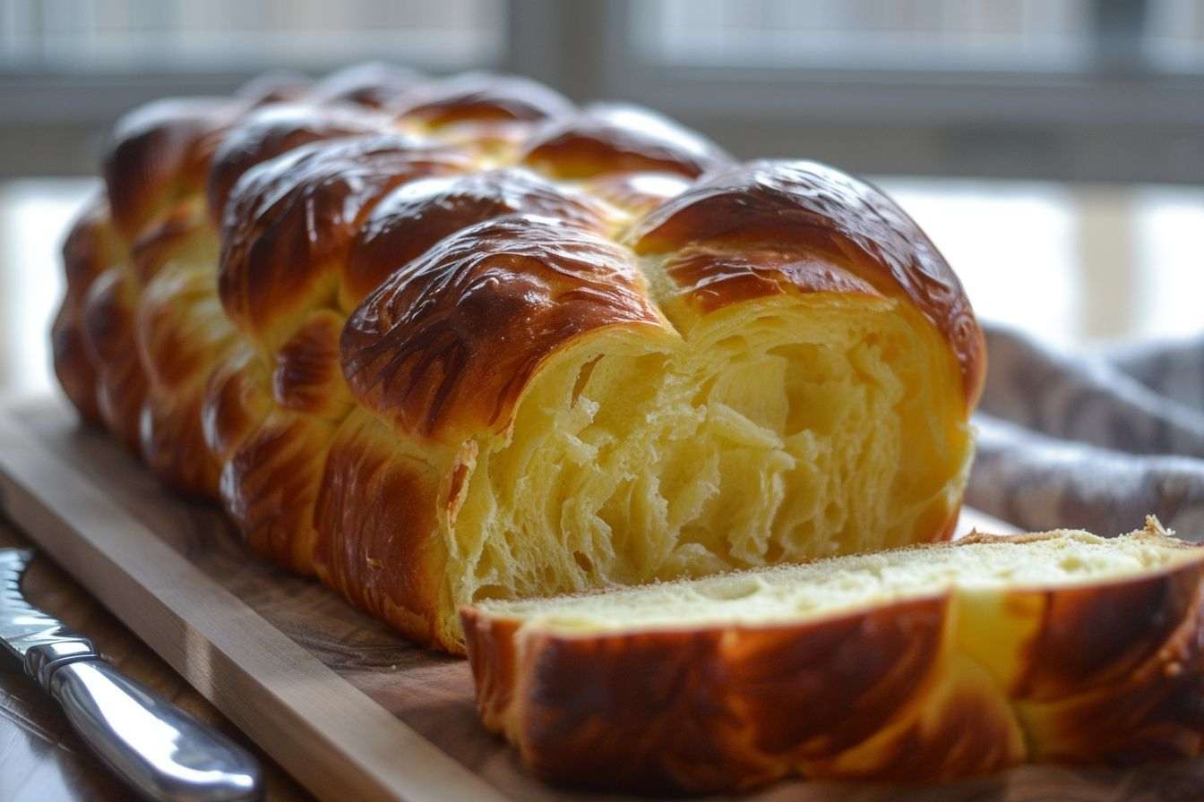 Image d'illustration. Pain brioche doré sur planche en bois