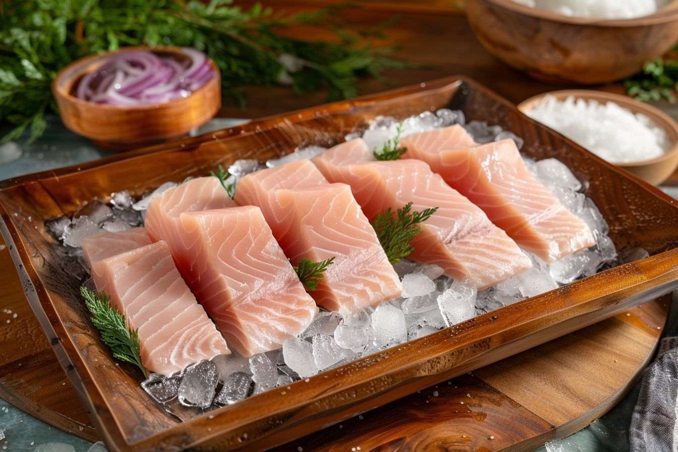Image d'illustration. Filets de longe de thon albacore frais sur glace