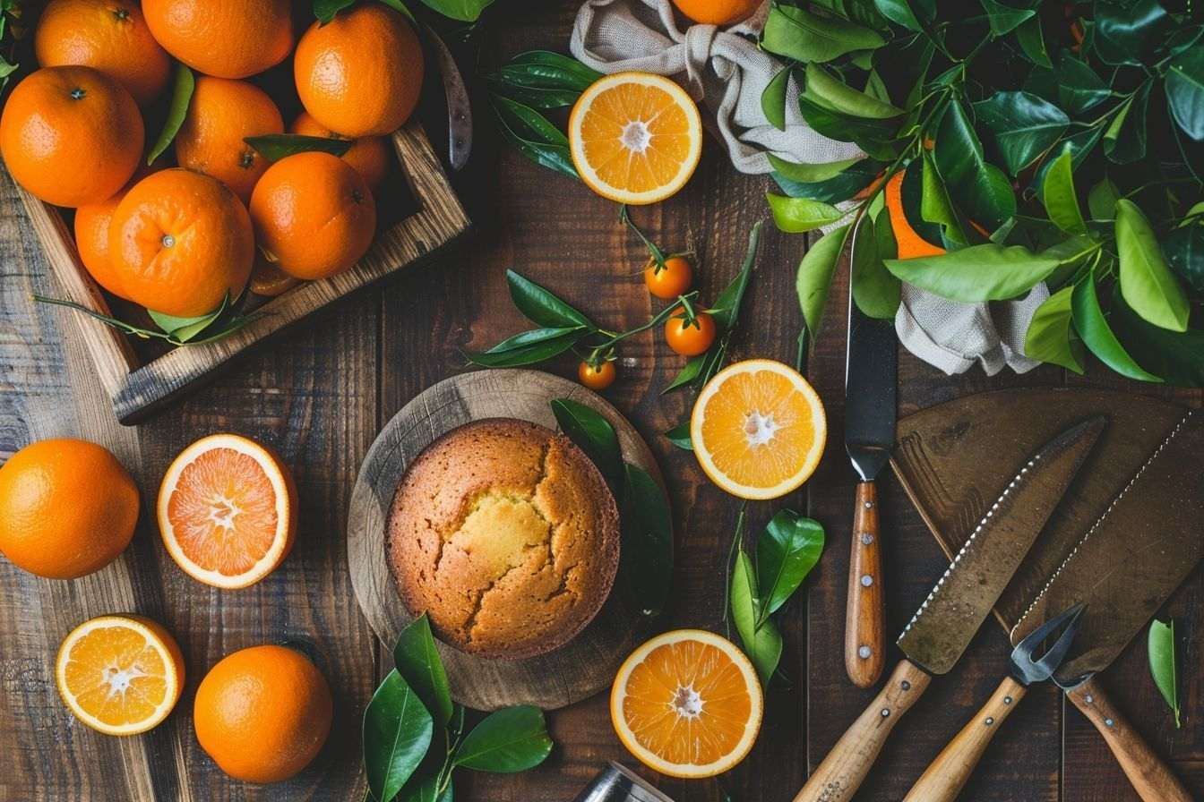 Image d'illustration. Gâteau au yaourt entier avec oranges sur table rustique