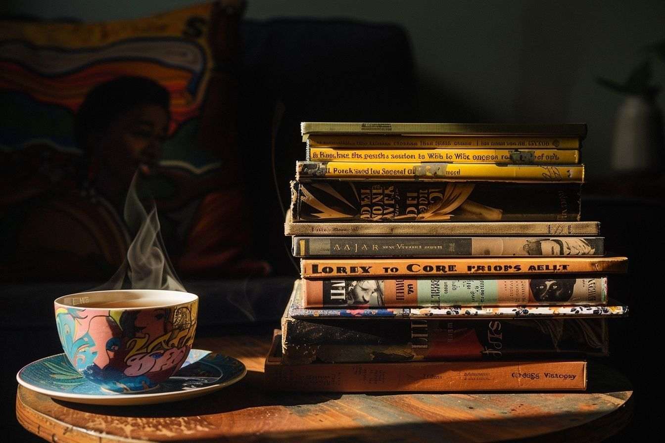 Image d'illustration. Pile de livres de poche et tasse de thé