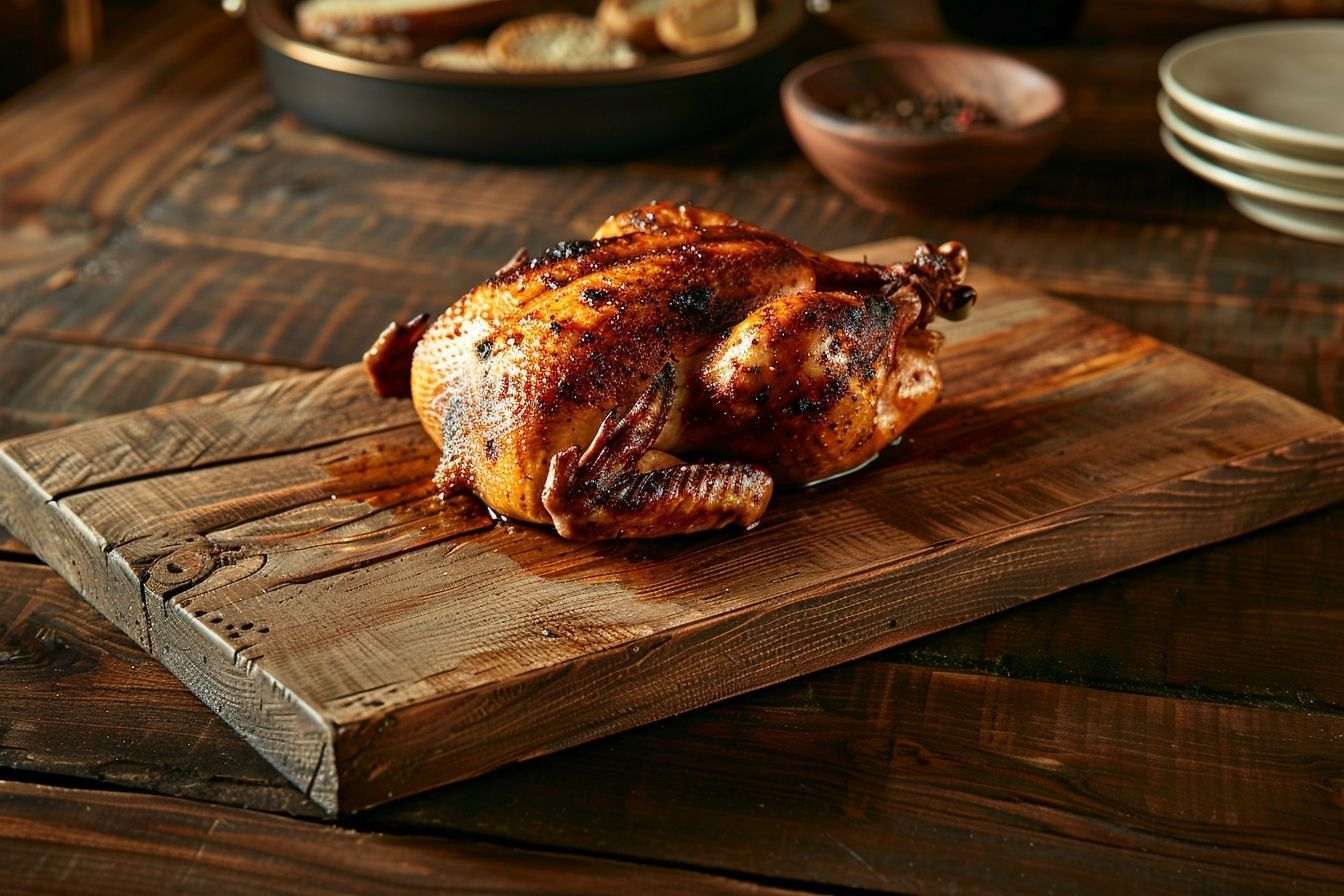 Image d'illustration. Poulet rôti entier sur planche à découper