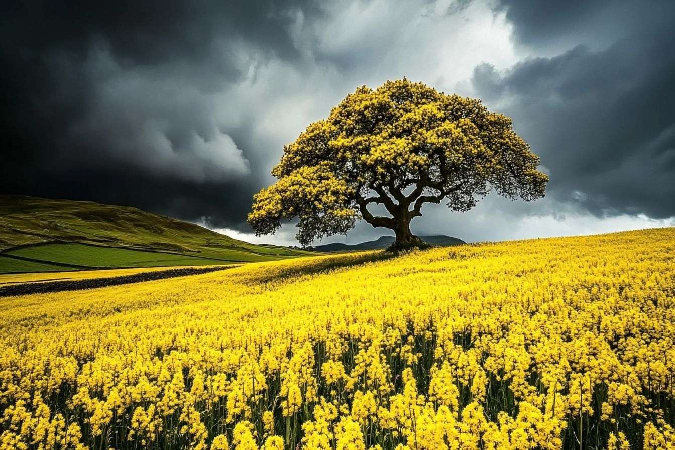 Image d'illustration. Un ciel menaçant au dessus d un champ lumineux de colza
