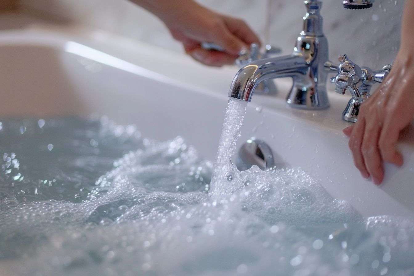 Image d'illustration. Une femme ferme le robinet de son bain