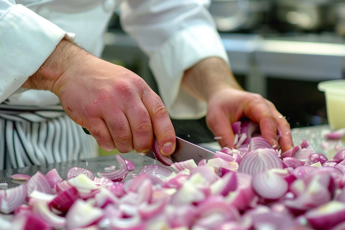 Image d'illustration. Des oignons rouges dans une cuisine de restaurant.