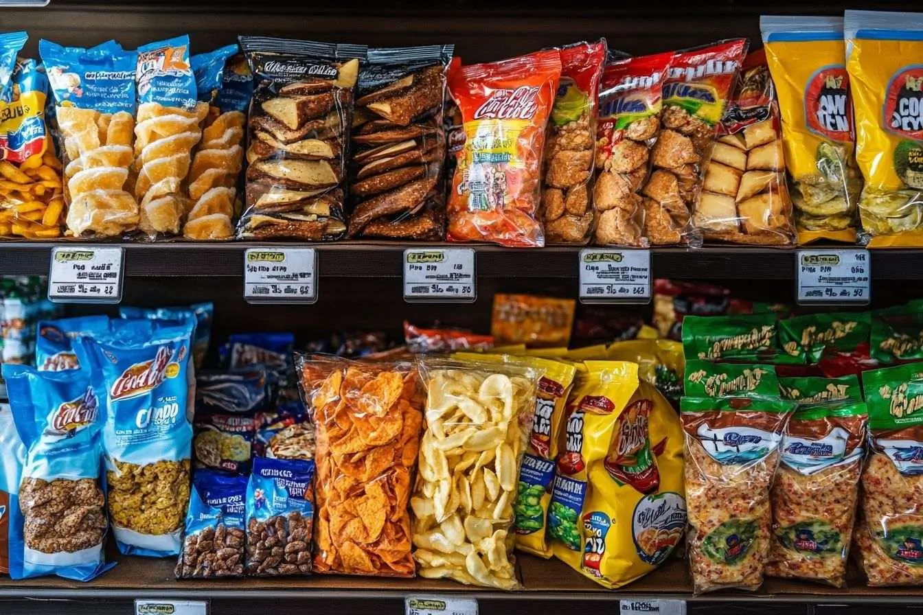 Un assortiment vibrant de collations emballées et de boissons sucrées sur les étagères d'un supermarché.