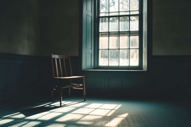 Image d'illustration. Chambre faiblement éclairée avec chaise