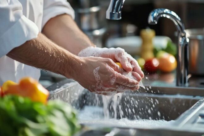 Image d'illustration. Chef lavant soigneusement les mains