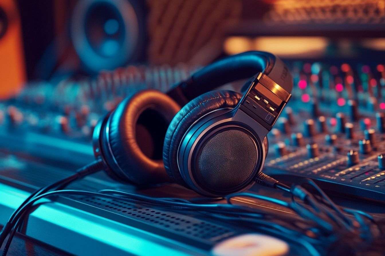 Image d'illustration. Écouteurs avec câbles audio et équipement studio sur un bureau.