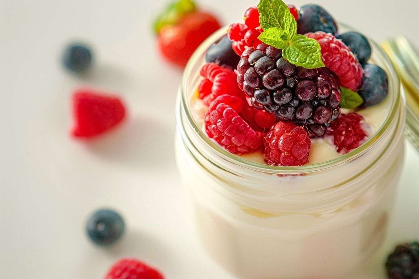 Gros plan de yaourt maison crémeux dans un bocal en verre avec des fruits frais