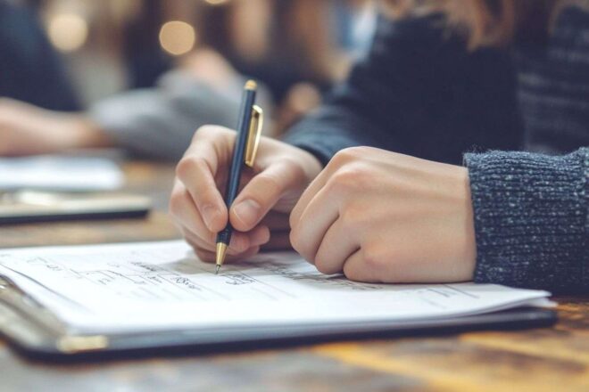 Image d'illustration. Gros plan des mains d un étudiant écrivant des notes lors d un examen de philosophie