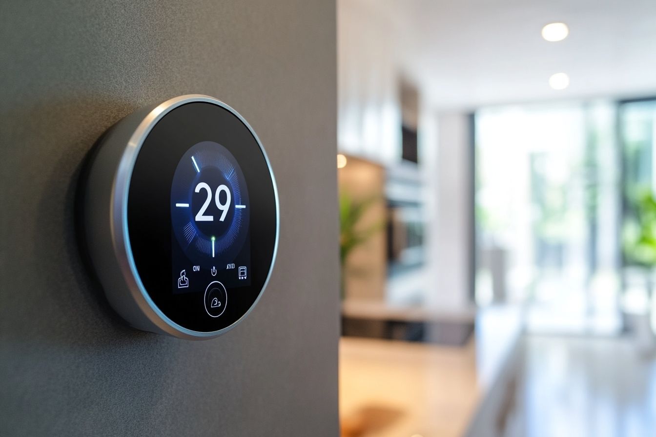 Image d'illustration. Gros plan d un thermostat intelligent affichant la consommation d énergie