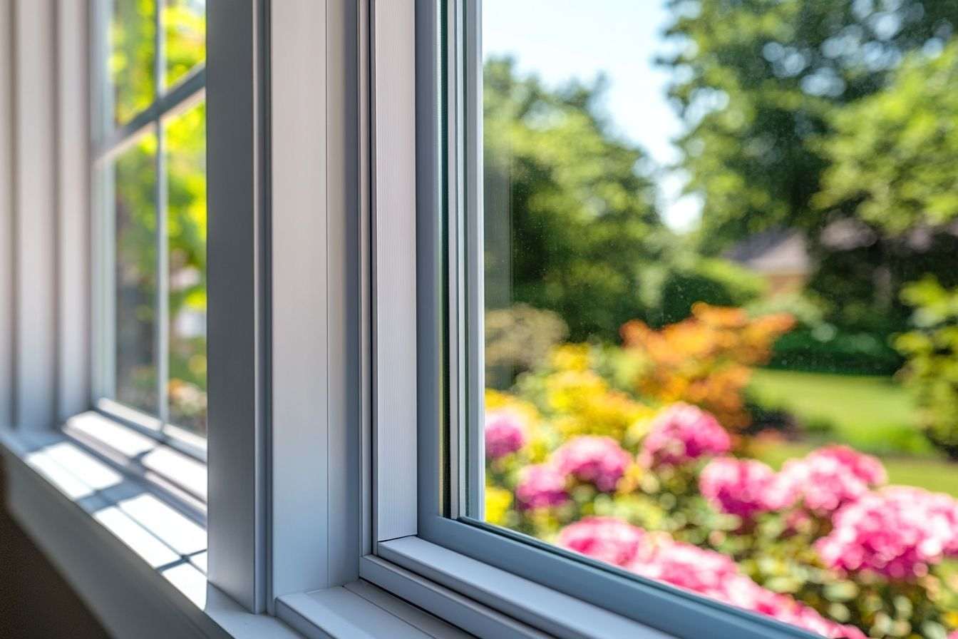 Image d'illustration. Gros plan sur les fenêtres économes en énergie avec vue sur jardin