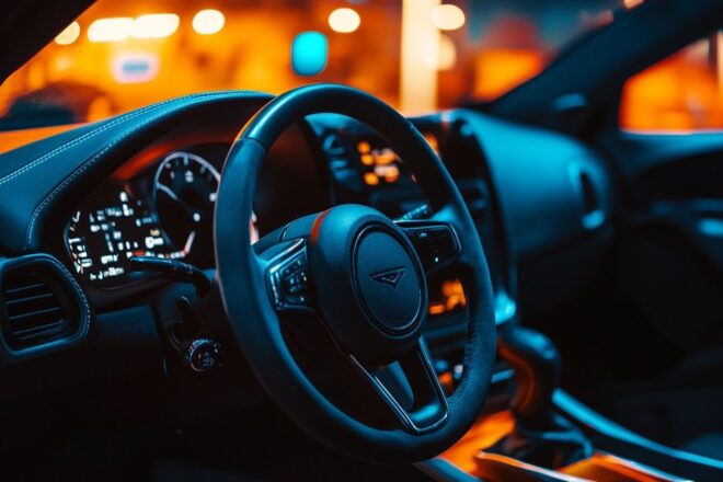 Capture en grand angle de l'intérieur d'une voiture montrant le volant et les airbags dans leur contexte.