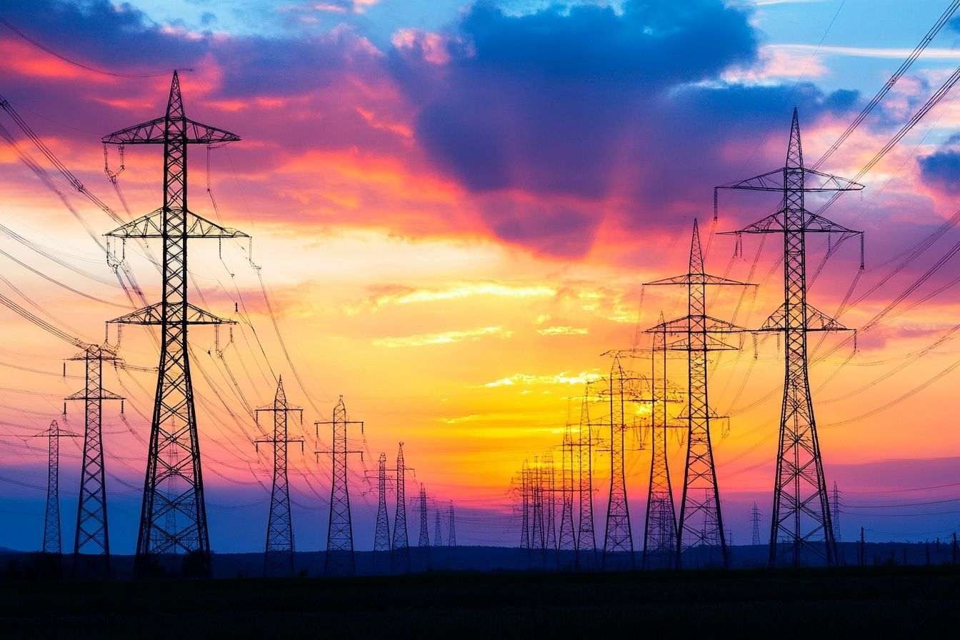 Image d'illustration. Pylônes électrifiés au crépuscule