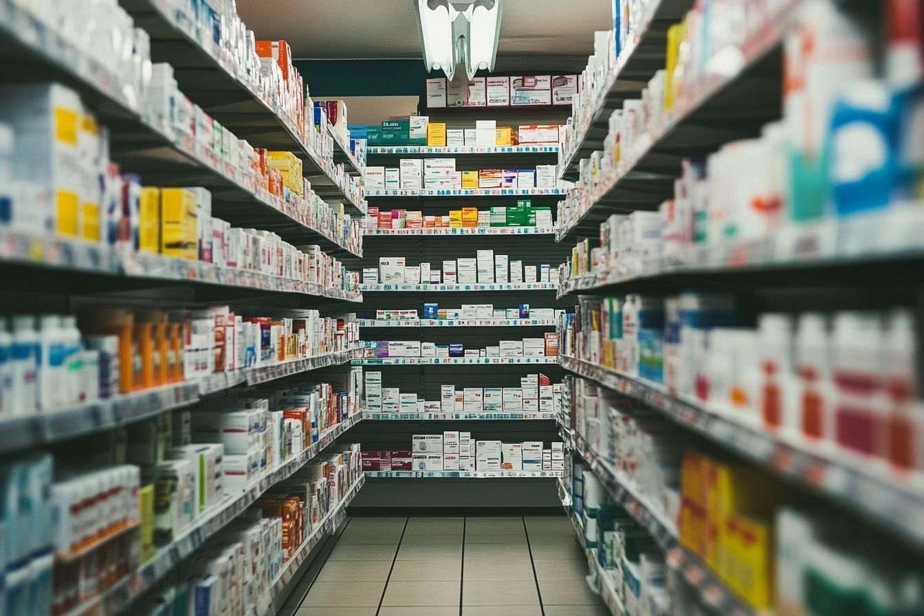 Rayons de pharmacie remplis d emballages colorés