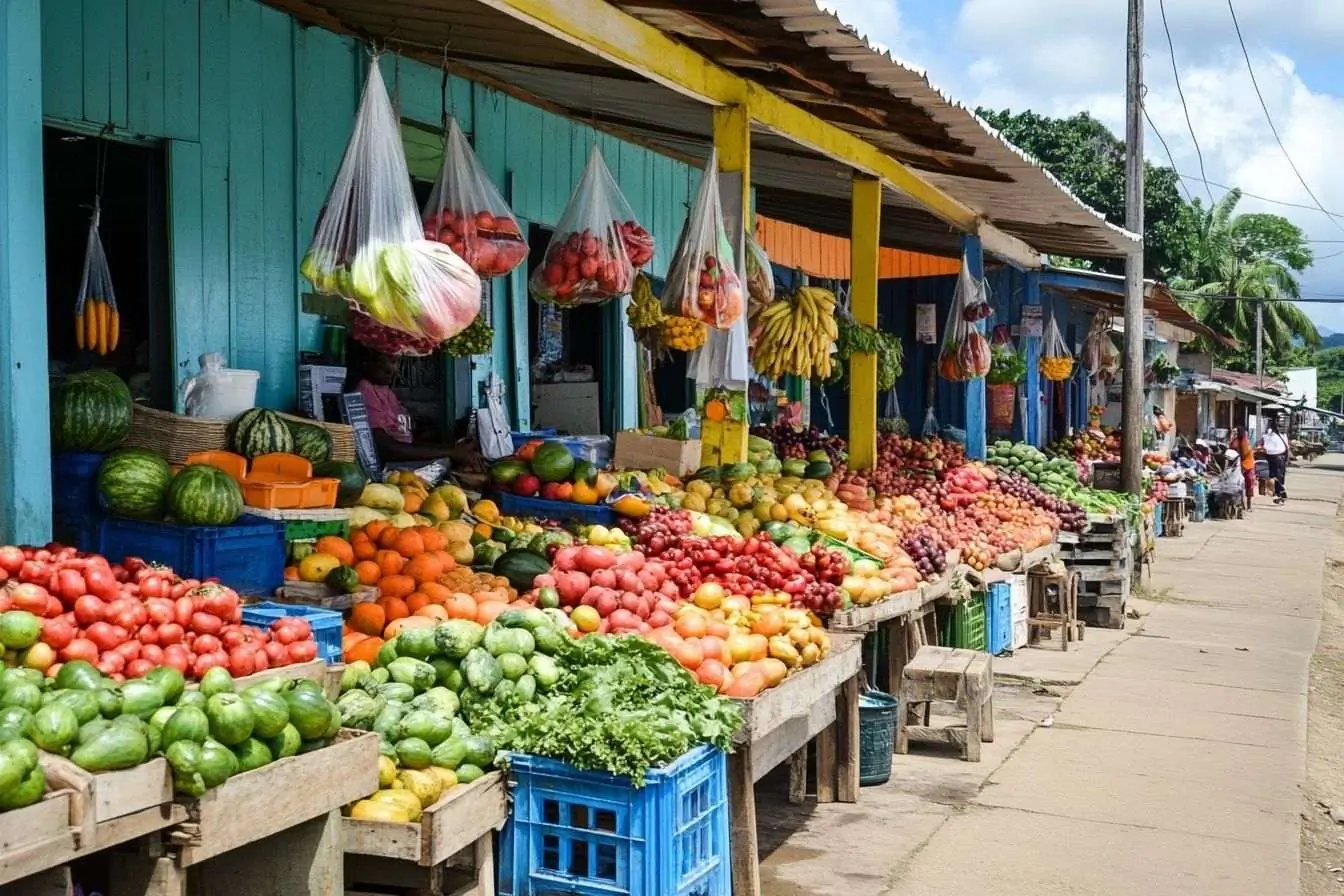 Scène dynamique d'un marché en Guyane avec des étals remplis de fruits et légumes frais et colorés.