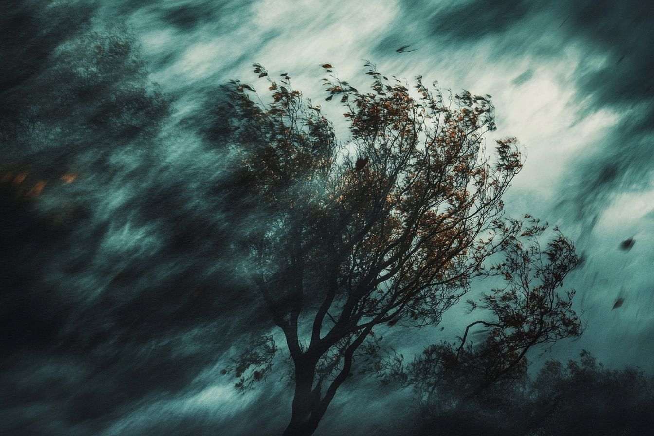 Image d'illustration. Arbres agités sous un ciel orageux