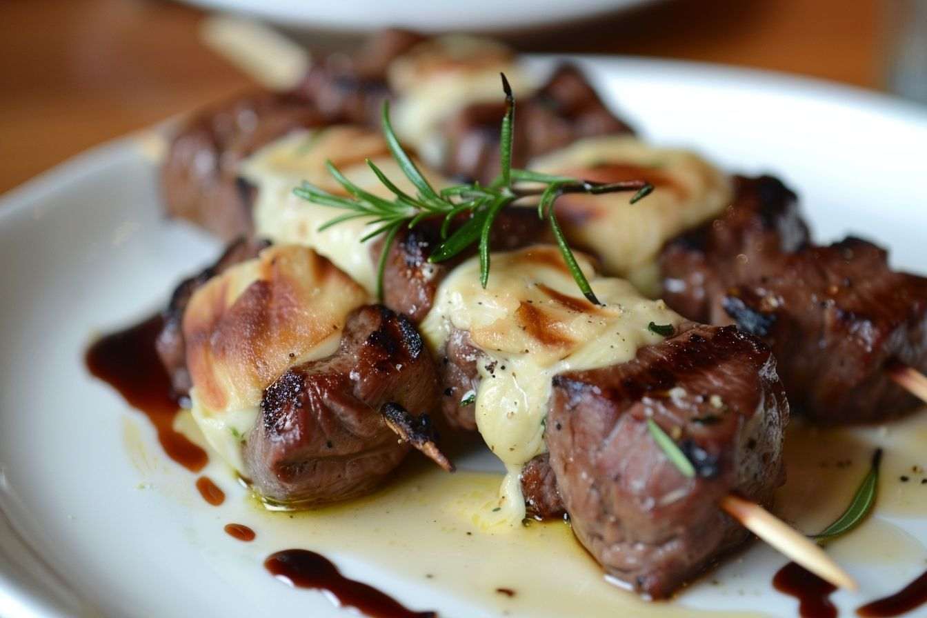 Image d'illustration. Brochettes de boeuf avec fromage et sauce savoureuse