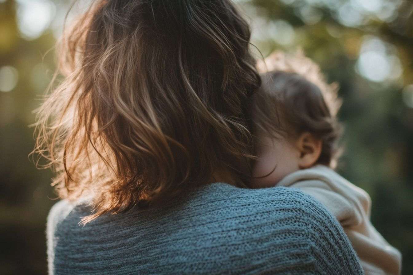 Gros plan du dos d'une femme berçant doucement un enfant dans un cadre paisible.