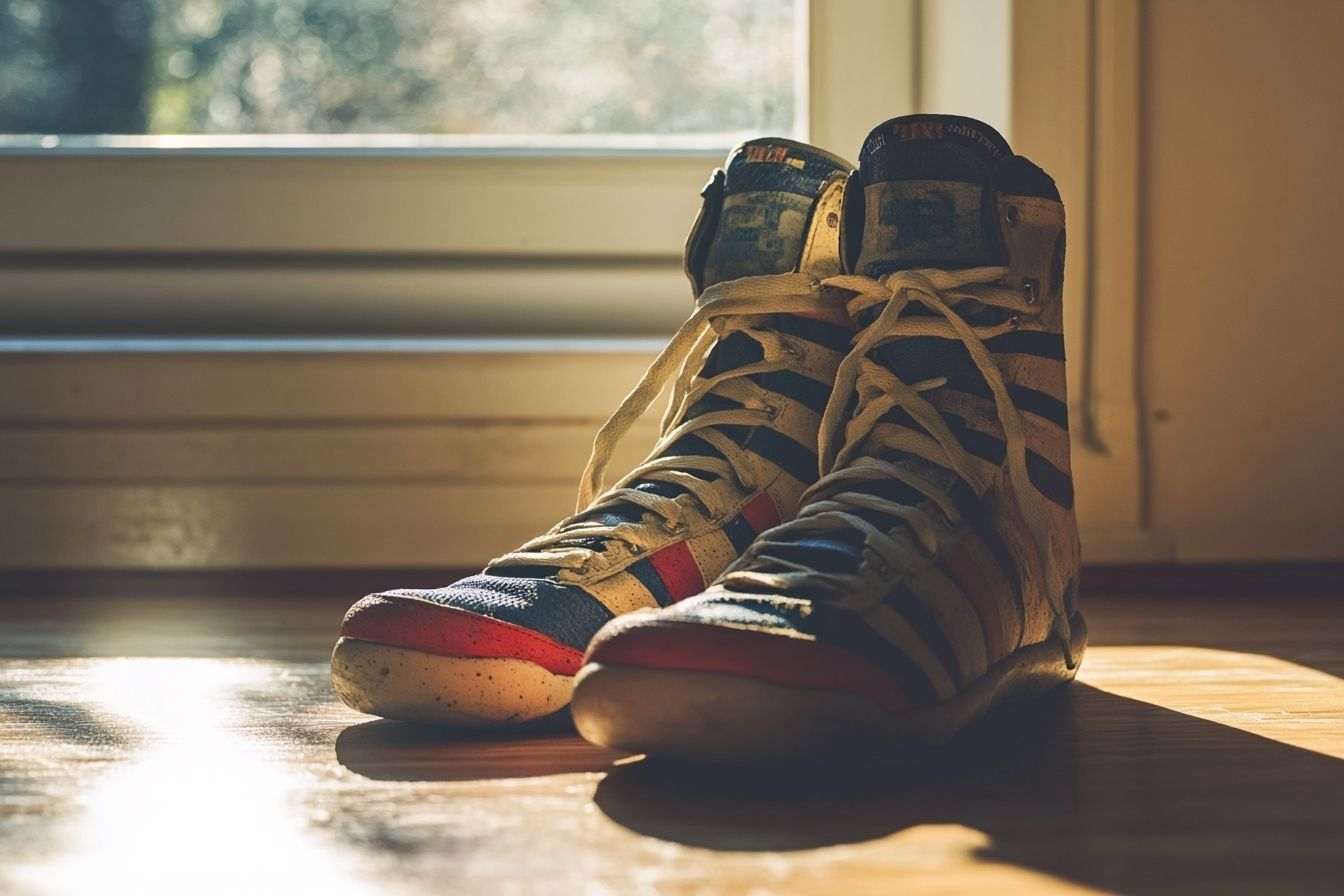 Une paire de chaussures de lutte affichée contre un fond lumineux et texturé.