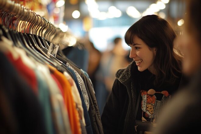 Image d'illustration. Clientèle heureuse explorant les racks de vêtements