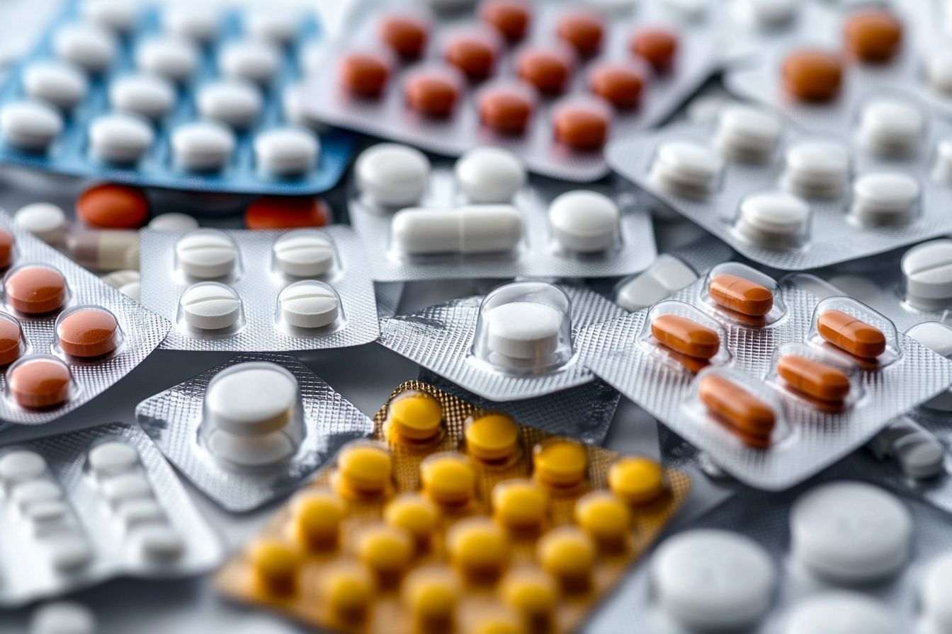 Une collection variée de comprimés et de capsules éparpillés sur une surface blanche, avec certains emballages à moitié ouverts.